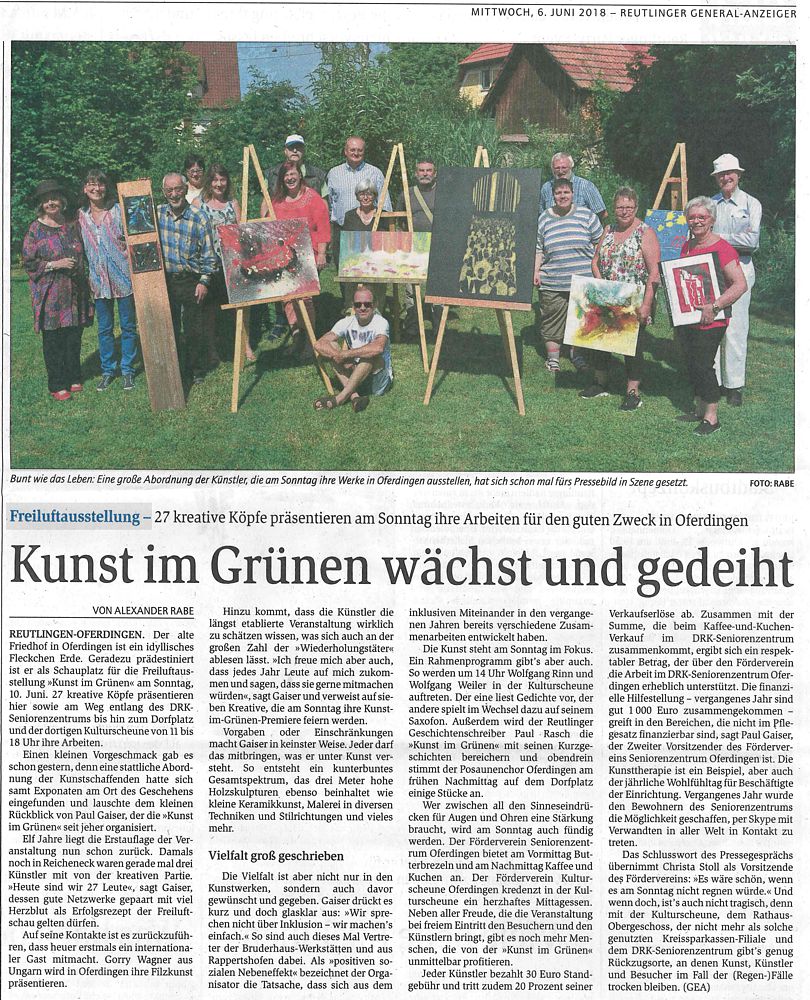 Vorbericht über Kunst im Grünen im GEA - Reutlinger Generalanzeiger vom 06.06.2018