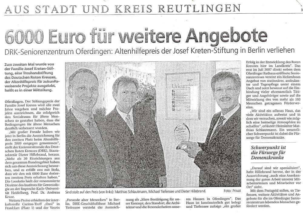 Das DRK-Seniorenzentrum Oferdingen erhält den 2. Preis beim Deutschen Altenpflegepreis 2009